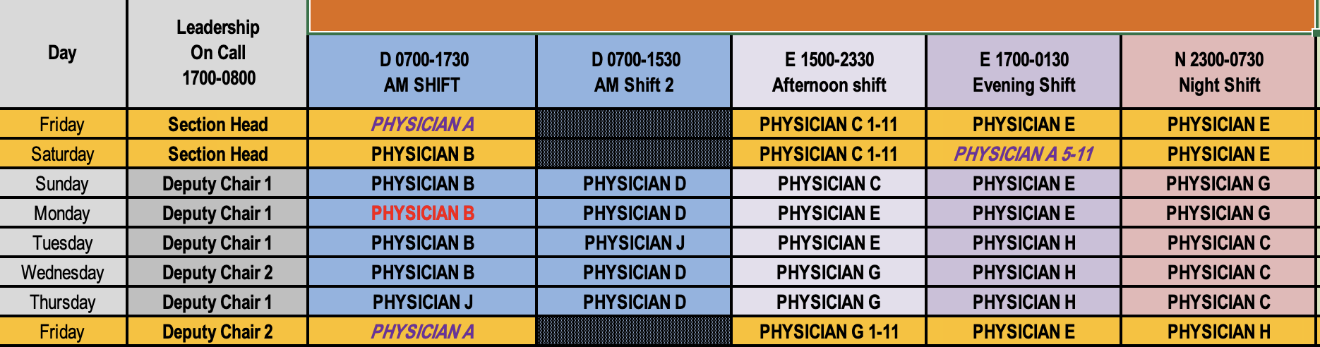 A sample of a schedule in an Excel sheet