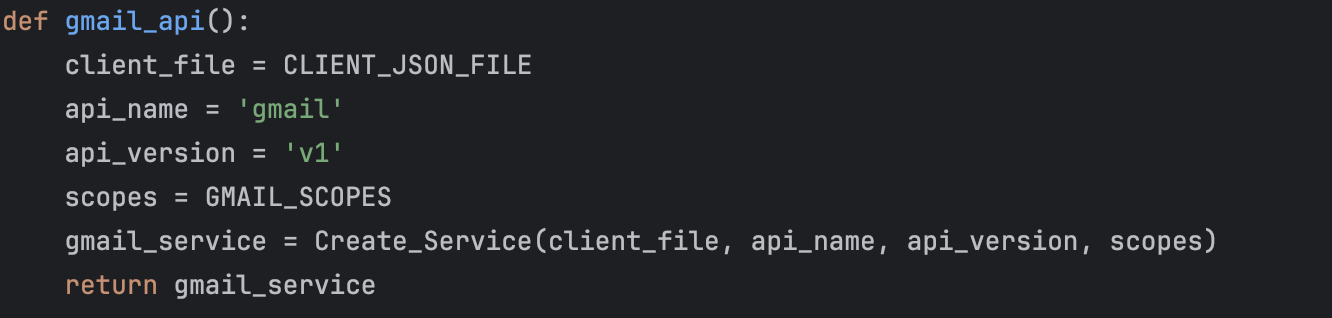 A screenshot of code used to make a gmail api